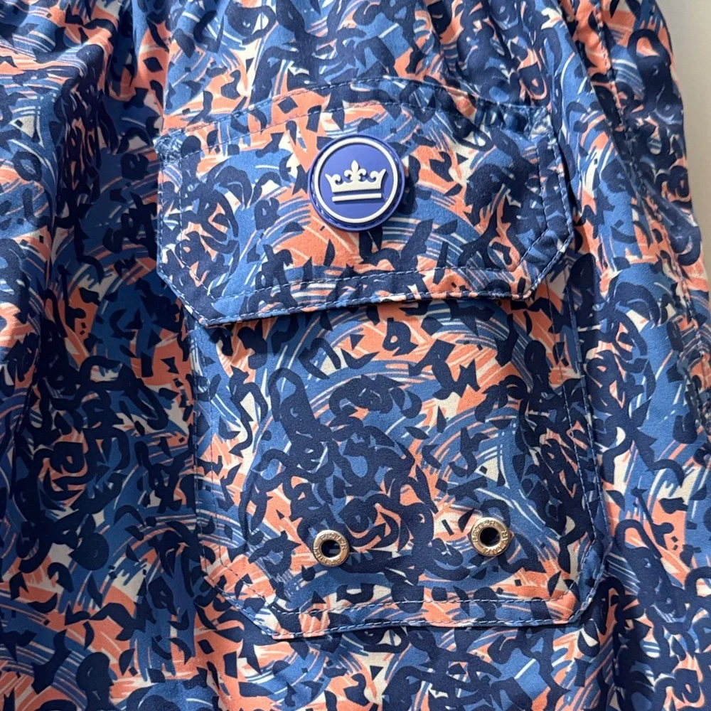 Peter Millar Men's Seaside Blue and Pink Patterned Board Shorts size M